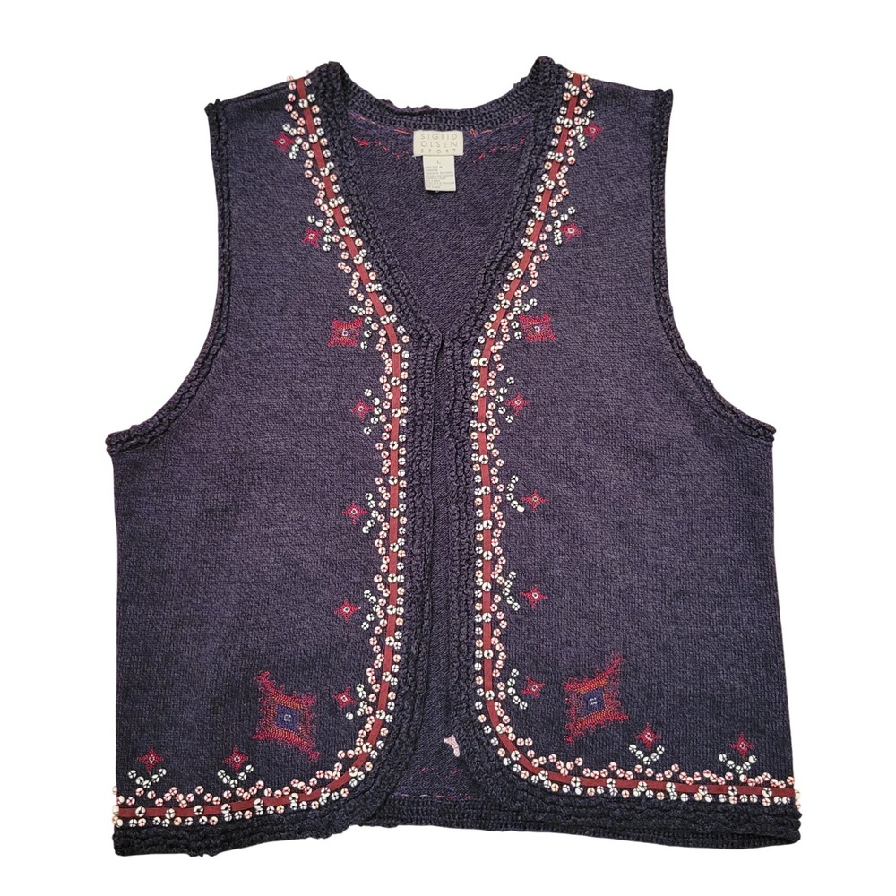 Sigrid Olson L Vest Grey Beaded Embroidered Crochet Trim Winter Layer Artisan